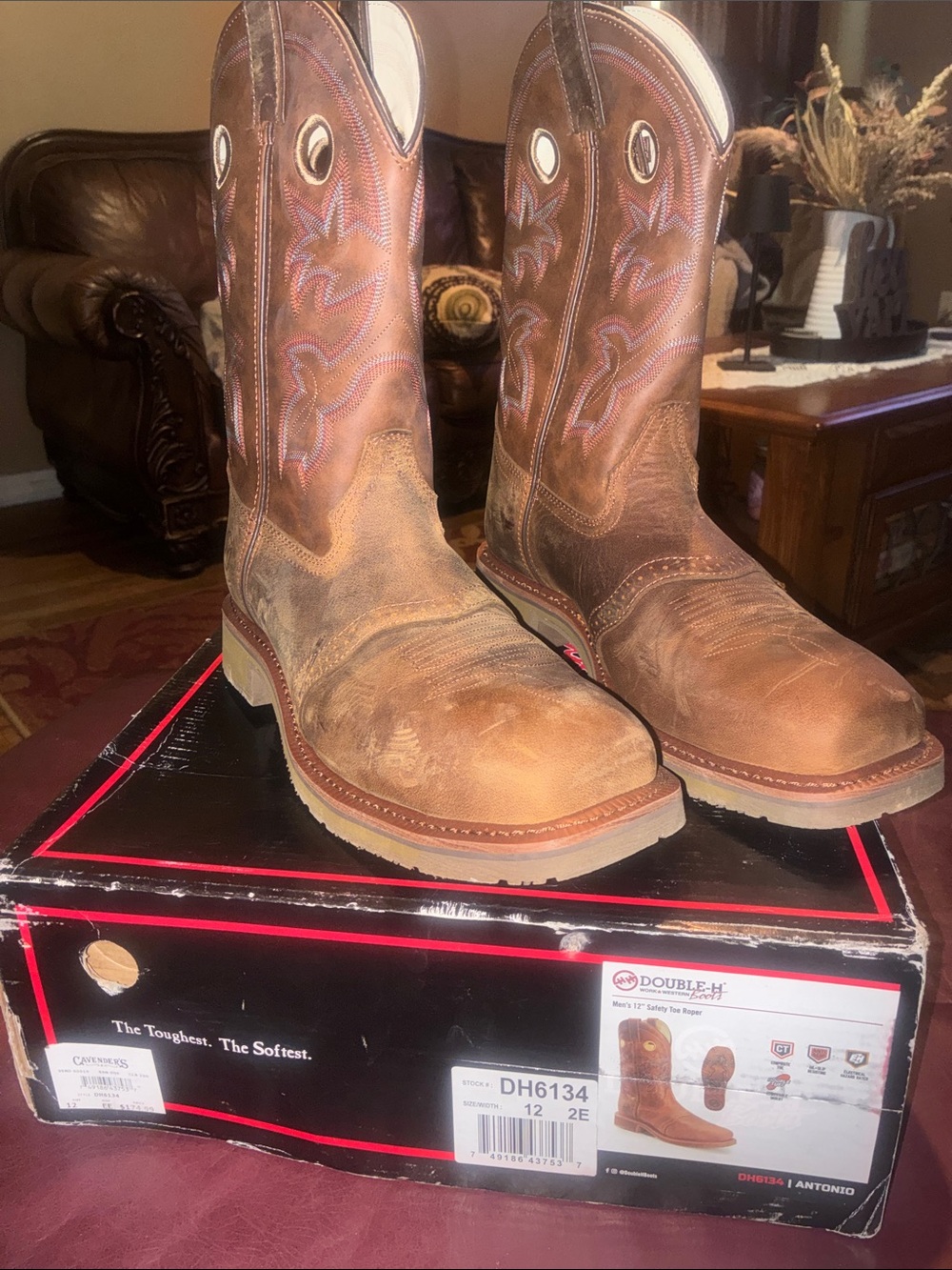 Double H Brown Pull-On Western Work Boots with Embroidered Shaft